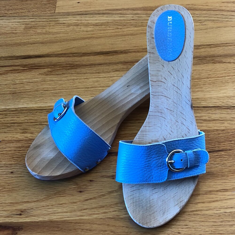 Authentic Burberry Blue Leather Nova Check Wooden Sandal Clogs Size 8.5
